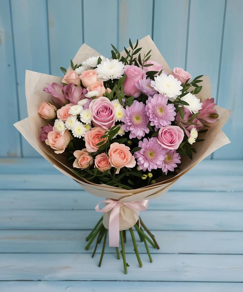 Букет цветов из: Хризантемы, Розы и Альстромерии в Савостино