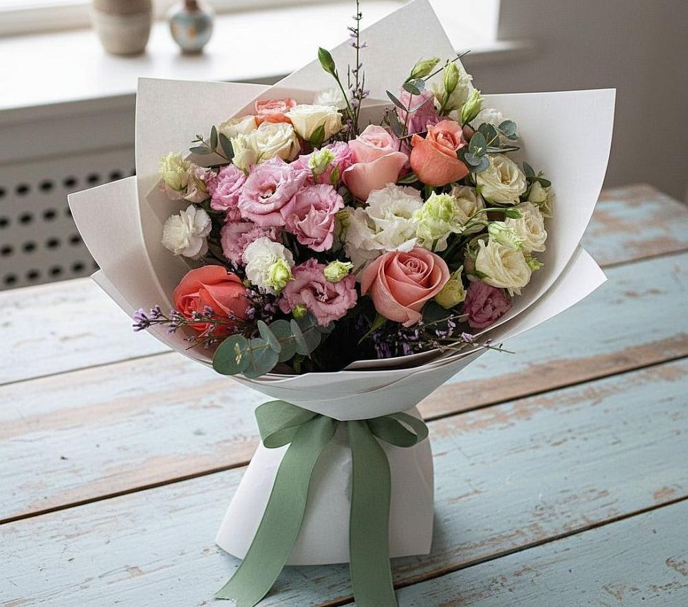 Букет цветов из: Розы, Лизиантусы и Гвоздики в Савостино