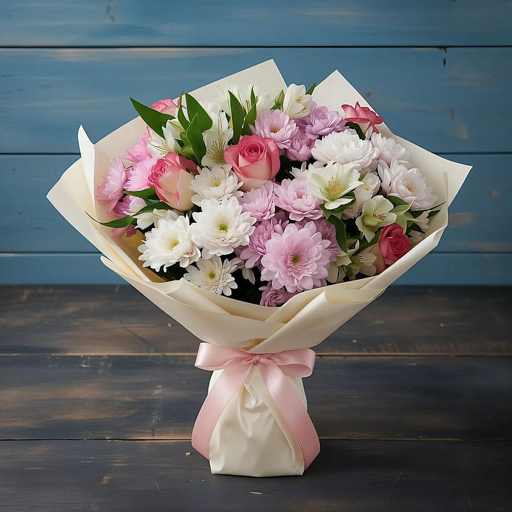 Букет цветов из: Хризантемы, Альстромерии и Розы в Савостино